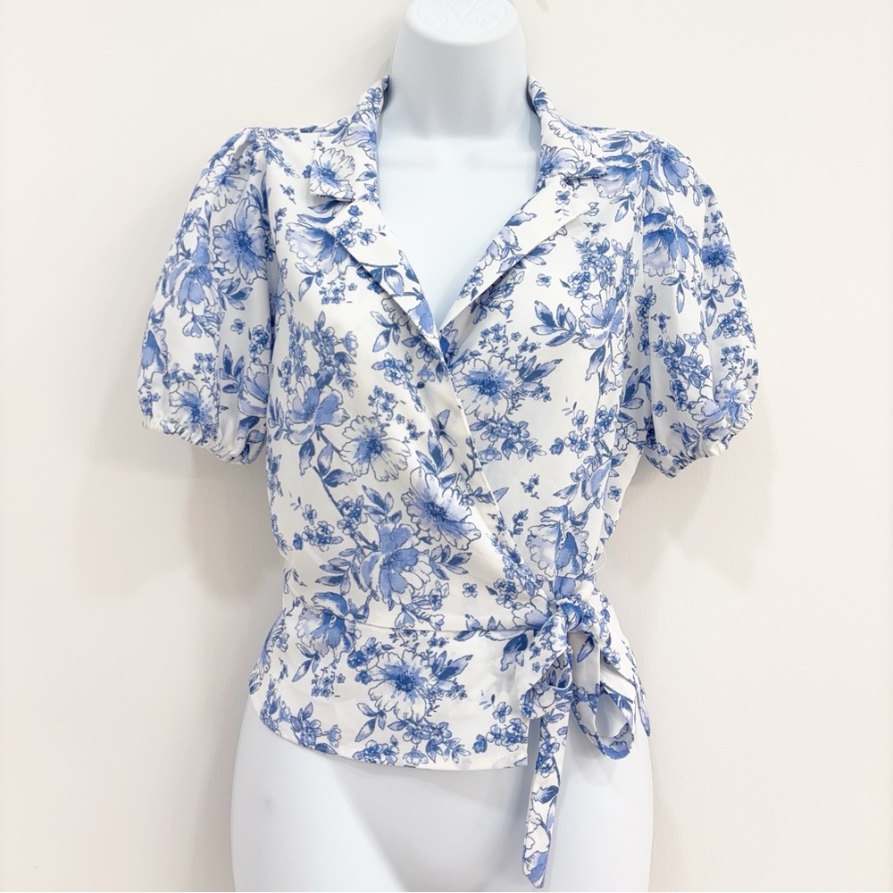 Violets & Roses Blue Floral Wrap Blouse | Size M | NEW - Picture 2 of 12